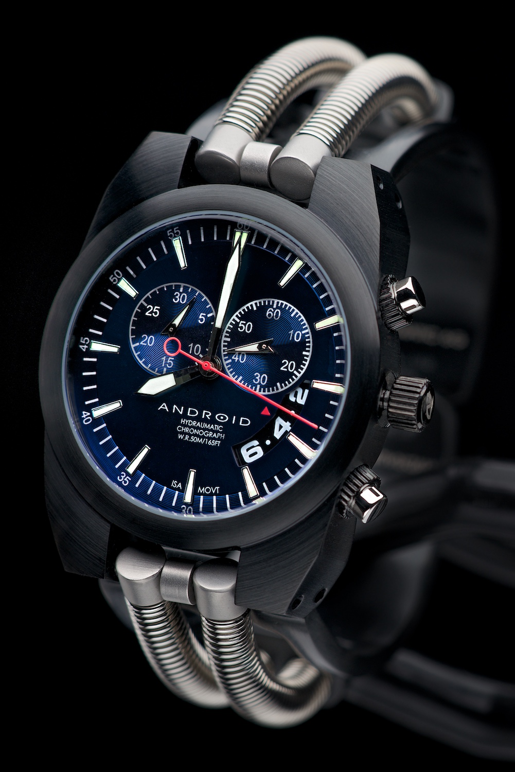 Android Hydraumatic Chronograph on black background by Bret Doss Commercial Product Photography Seattle